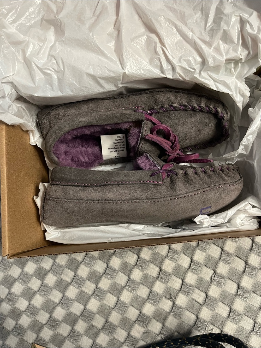 L.L. Bean Gray Suede Kids Moccasins with Purple Lining